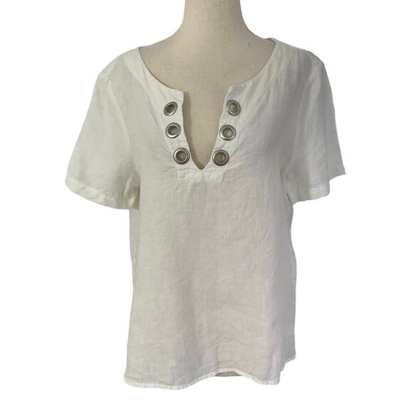 Mudo Collection White Linen Short Sleeve Top Women's Size 36/Medium | 48-52 - Picture 1 of 6